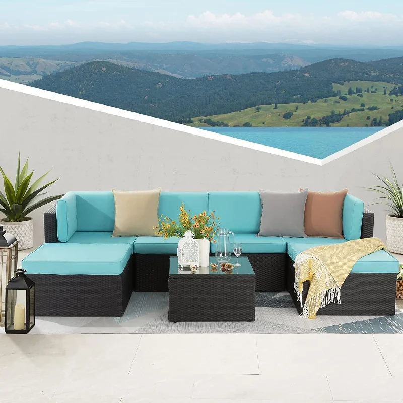 Bossin 7 Pieces Patio Furniture Sets, Outdoor Sectional Sofa, Rattan Wicker Couch with Washable Cushions and Glass Table