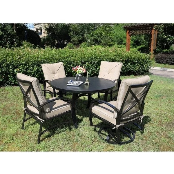 Brazos 5 Piece Aluminum Dining Set with Cushions, 48 Inch Round Dining Table