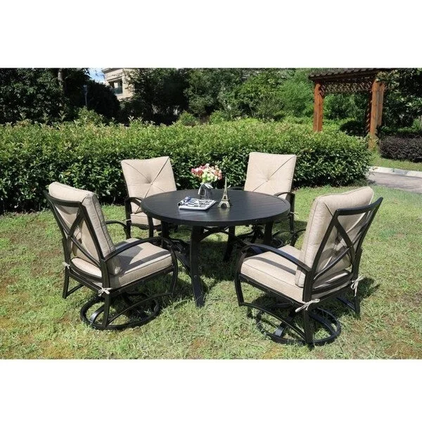 Brazos 5 Piece Aluminum Dining Set with Cushions, 48 Inch Round Dining Table