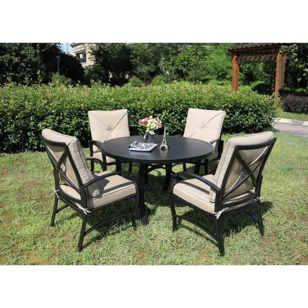 Brazos 5 Piece Patio Aluminum Dining Set with Cushions, 48 Inch Round Dining Table