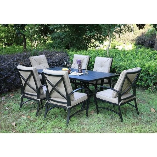 Brazos 7 Piece Patio Aluminum Dining Set with Cushions, 42x72 Inch Rectangle Dining Table