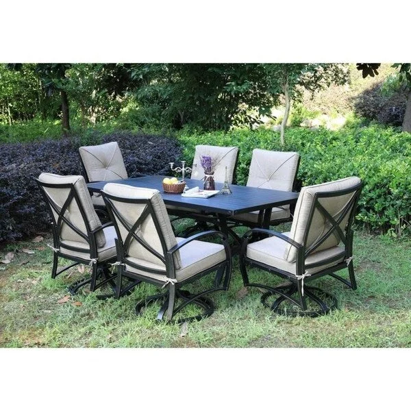 Brazos 7 Piece Patio Aluminum Dining Set with Cushions, 42x72 Inch Rectangle Dining Table