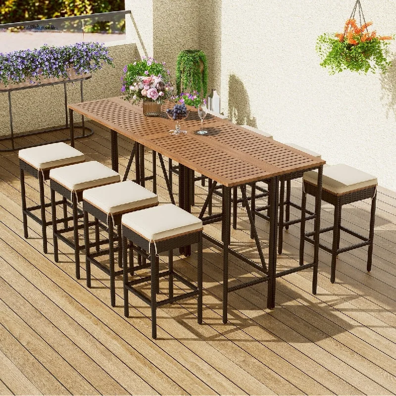 Brown 10-Piece Wicker Acacia Wood Bar Height Outdoor Dining Set with 2 Foldable Tables, 8 Cushioned Stools - 43.3'' x 31.5''