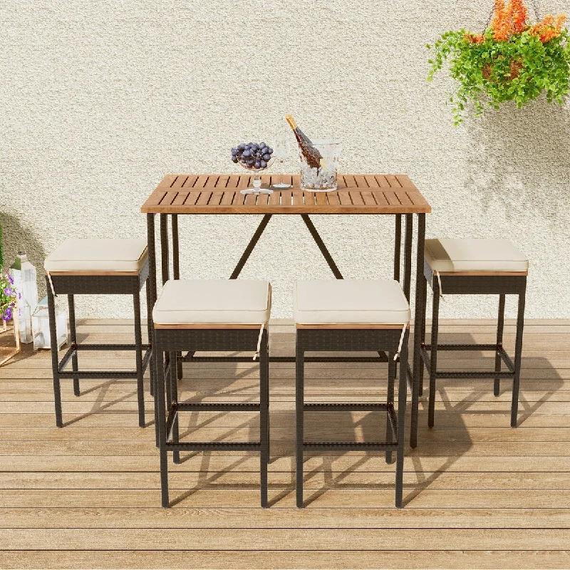 Brown 5-Piece Wicker Acacia Wood Bar Height Outdoor Dining Set with Foldable Table and Beige Cushions - 43.3'' x 31.5''