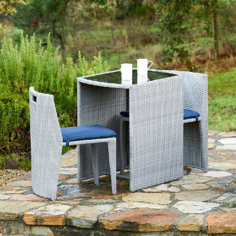 Corvus Delphi 3-piece Grey Wicker Patio Dining Set with Navy Blue Cushions