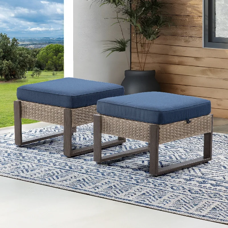 Cozywor 2-Piece Wicker Outdoor Patio Ottoman with Steel Frame and Cushions