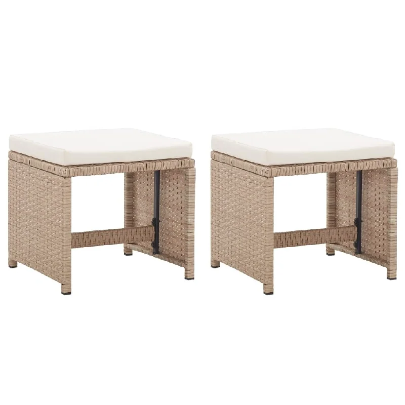 Garden Stools 2 pcs with Cushions Poly Rattan Beige