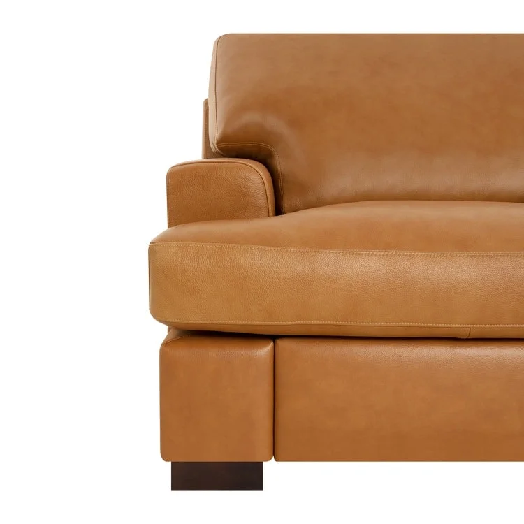 Genuine Leather Sofa with Luxurious Comfort, Goose Feather Cushion Filling, Square Arm Design, Sturdy Block Legs