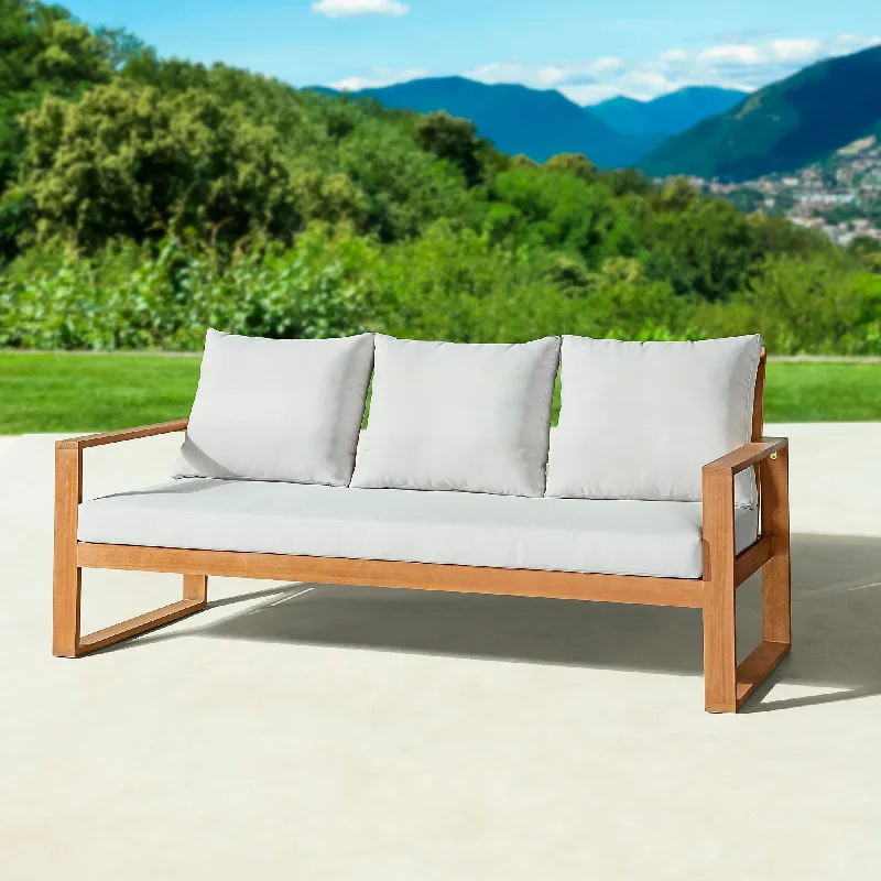 Grafton Eucalyptus 3-Seat Outdoor Bench with Gray Cushions