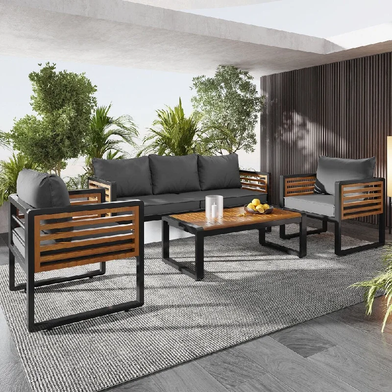 Grey 4-pieces Outdoor Metal and Wood Frame Furniture Sofa Set with Thick Cushions & Acacia Wood Tabletop