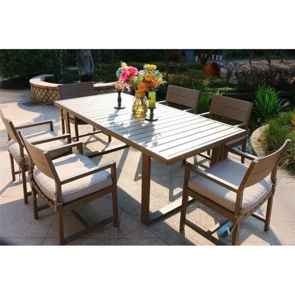 Marina 7-piece Wood Grained l Aluminum Rectangle Dining Set with 6 Cushioned Arm Dining Chairs