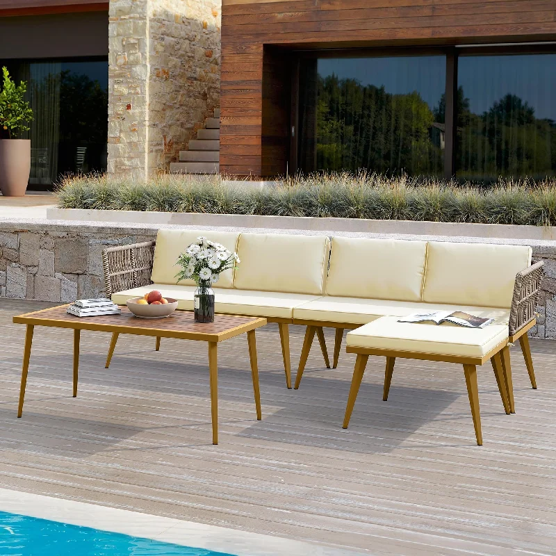 Moasis 4-Piece Outdoor Patio Conversation Set Wicker Sectional L-Shaped Sofa with Cushions and Side Table