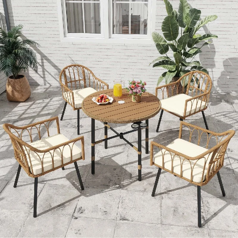 Moasis 5 Pieces Outdoor Patio Dining Table Chair Set,Wicker Furniture with Comfortable Cushions and Umbrella Hole