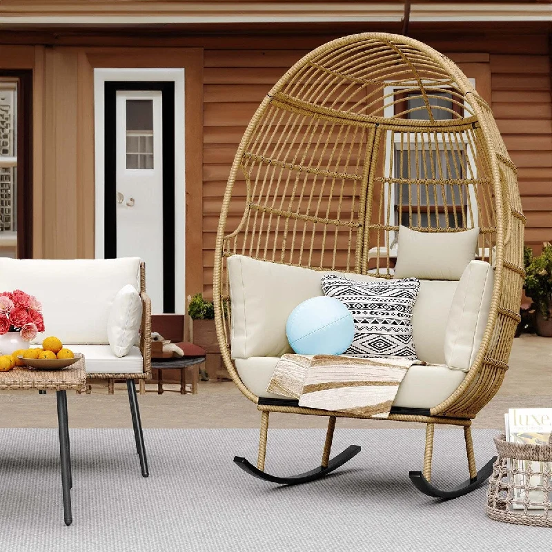 Moasis Outdoor Rocking Egg Chair, All-Weather Wicker Patio Rocking Basket Chair with Cushions