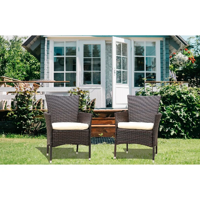 Modern 2 Pcs Rattan Patio Rattan Armchair Seat with Removable Cushions, Rust Resistant Steel Frame, Brown Mix