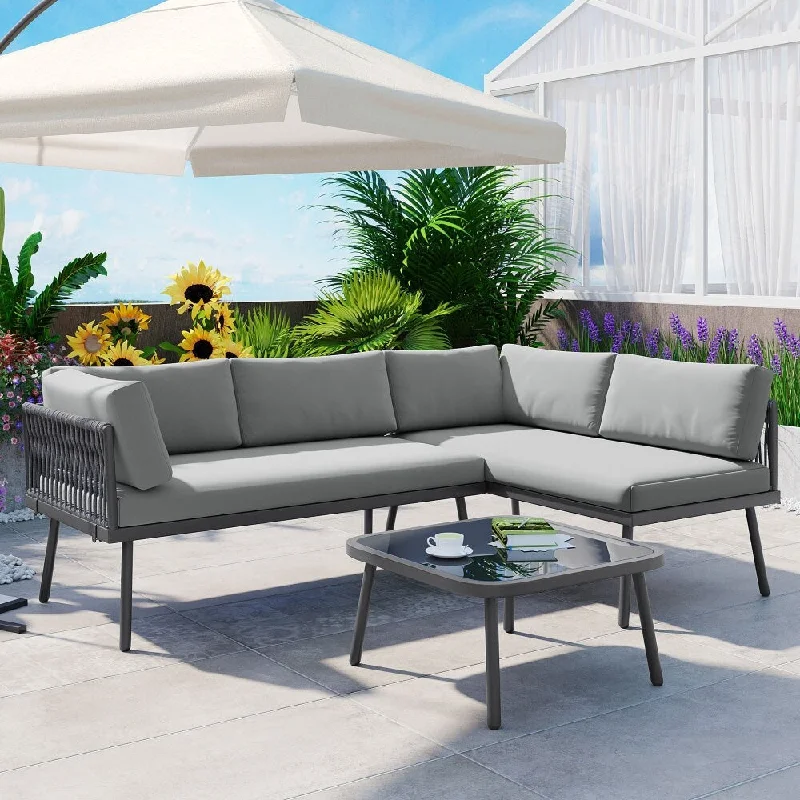 Modern Outdoor 3-Piece L-Shaped PE Rattan Sofa Set with Cushions and Glass Table for Garden & Backyard