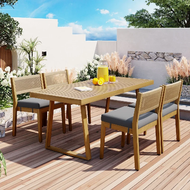 Multi-person Outdoor Acacia Wood Dining Table and Chair Set, Thick Cushions, Suitable for Balcony, Vourtyard, and Garden