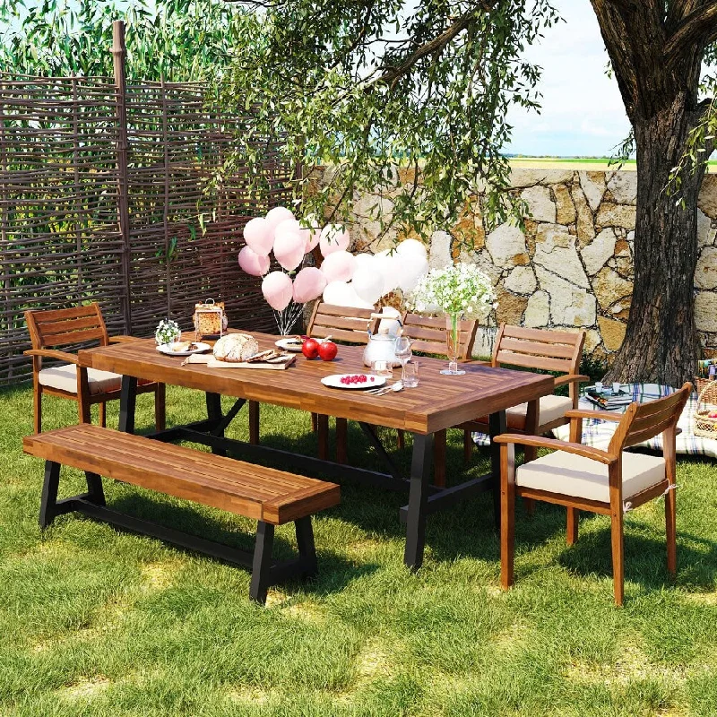 Nature Outdoor Wood Dining Set for 7-8 Person, with Removable Cushions, Chairs, Bench and Thicker Table