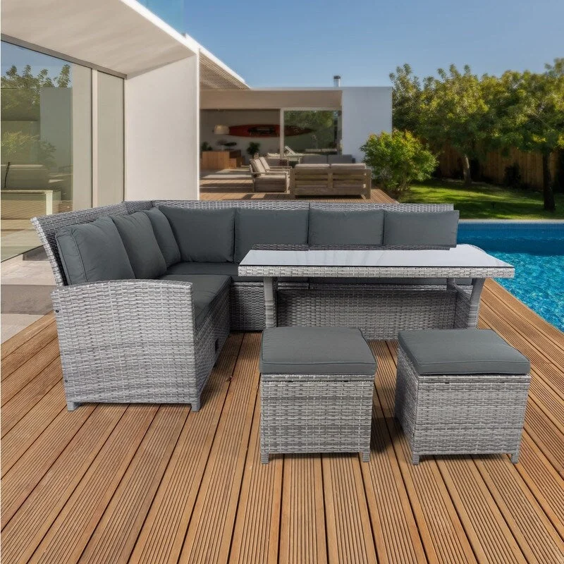 Outdoor 6 Pieces PE Rattan Cushioned Sectional/Dining Set