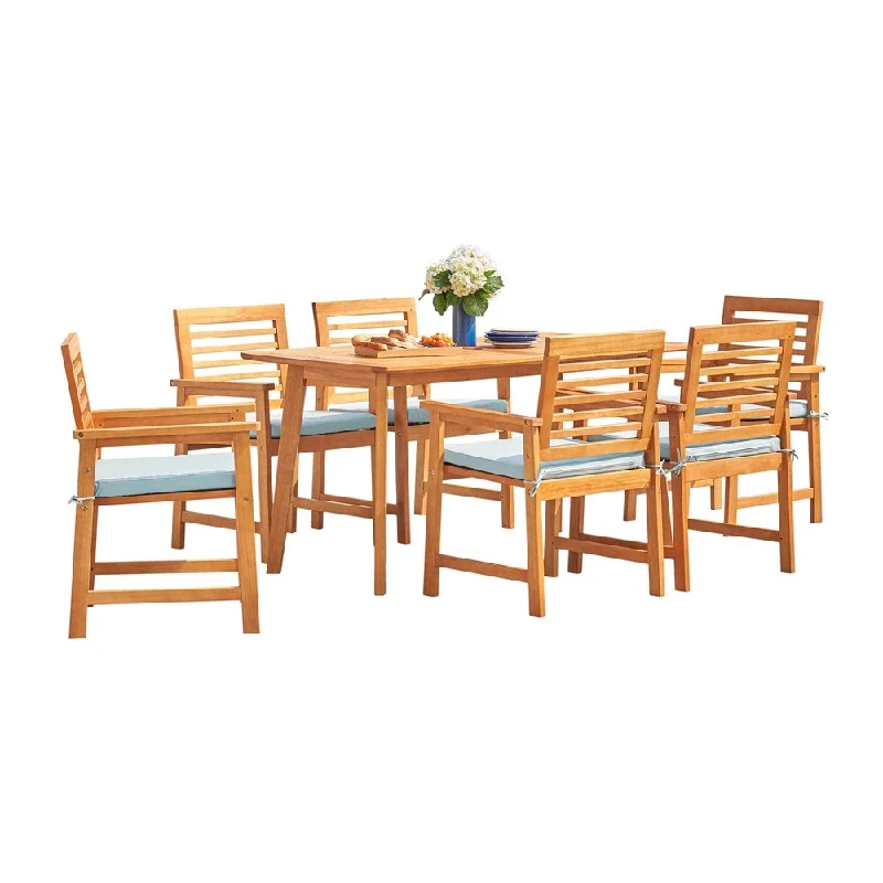 Outdoor 7-Piece Slatted Eucalyptus Wood Patio Dining Set with Cushion