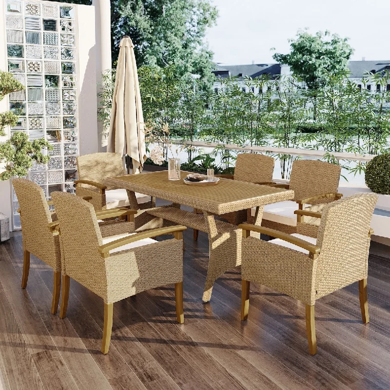 Outdoor Patio 7-Piece Dining Table Set All Weather PE Rattan Dining Set with Wood Tabletop and Cushions for 6, White