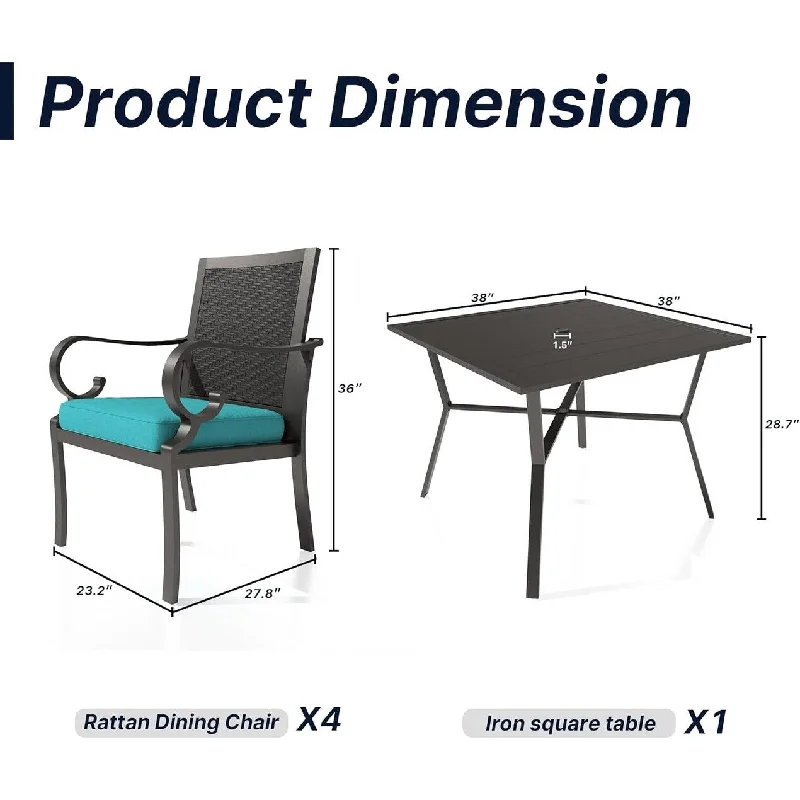 Outdoor Patio Dinner Set , Rattan Wicker Backrest Chairs and Metal Square Table w/ Seat Cushions.