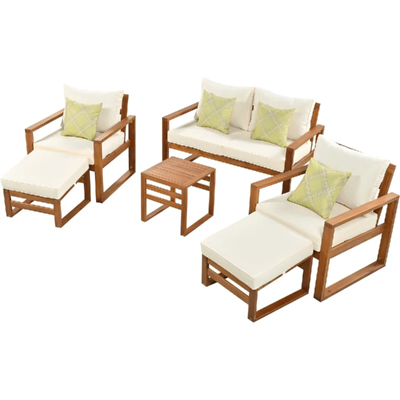 Outdoor Patio Wood 6-Piece Chat Setwith Ottomans and Cushions