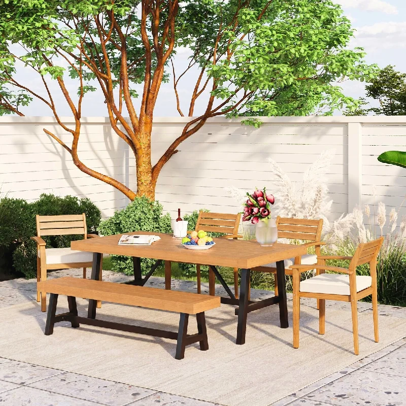 Outdoor Wood Dining Set For 6-7 Person, Outdoor Dining Furniture With Removable Cushions, Ergonomic Chairs And Bench