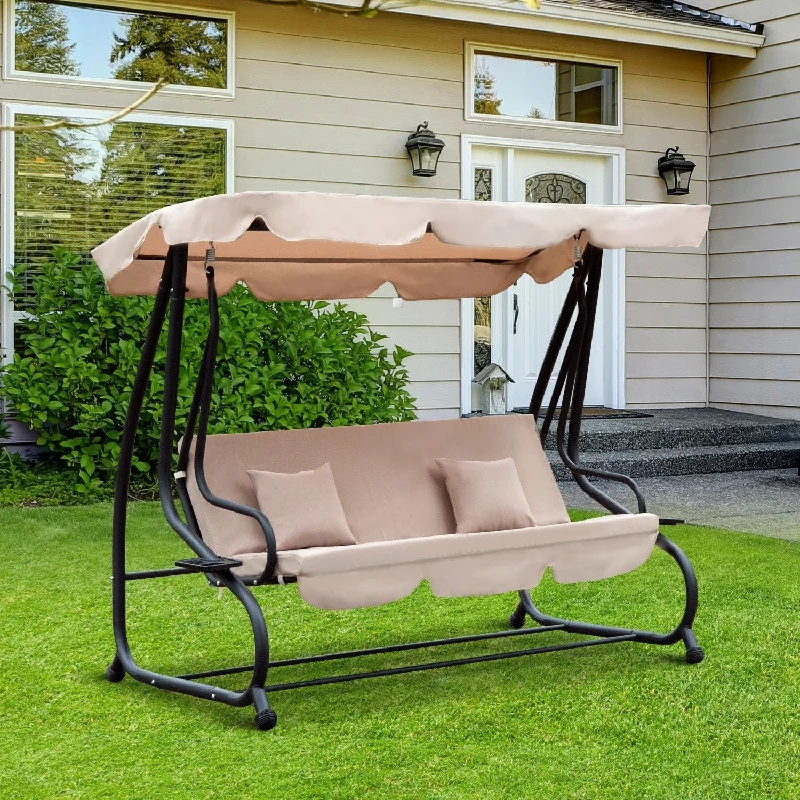 Outsunny 3 Seat Outdoor Free Standing Covered Swing Bench with Comfortable Cushioned Fabric & Included Canopy, Beige