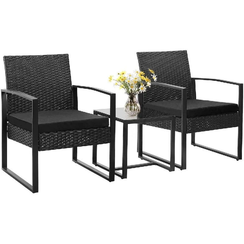 Patio Furniture Cushioned PE Rattan Bistro Chairs Set of 2 with Table, 3 Piece