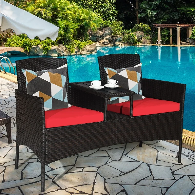 Patio Rattan Loveseat Sofa Cushioned Coffee Table Red