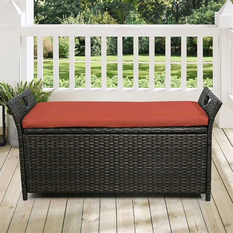 Patio Wicker Storage Bench Outdoor Rattan Deck Storage Box W/ Cushion