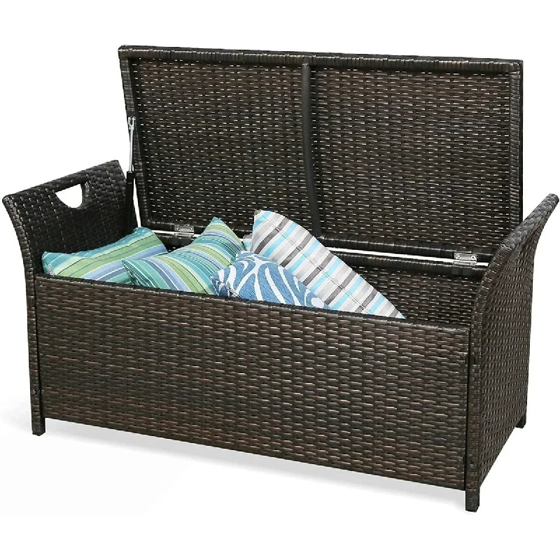 Patio Wicker Storage Bench with Cushion - N/A