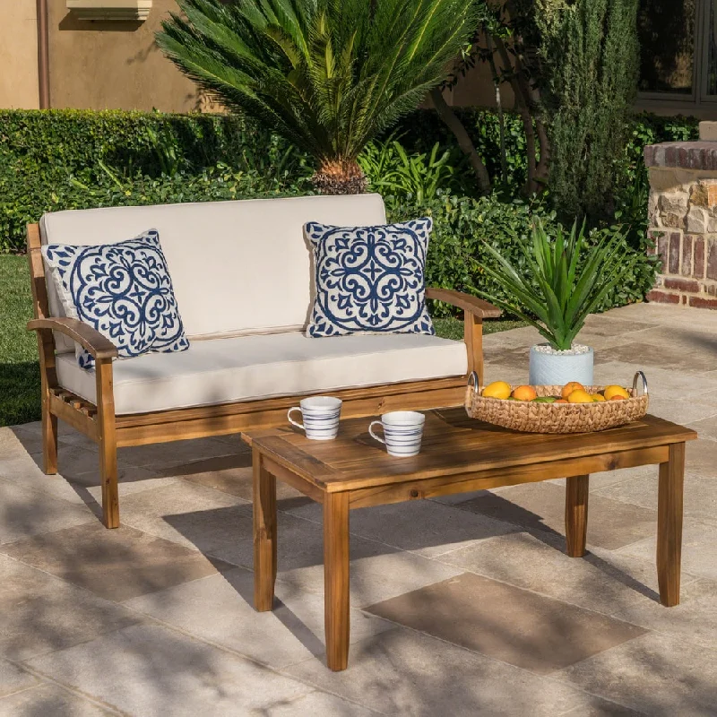 Peyton Outdoor Cushioned Acacia Wood Loveseat and Table Set by Christopher Knight Home