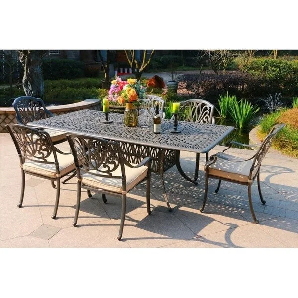 Saratoga 7-piece Gun Metal Aluminum Rectangle Dining Set with 6 Cushioned Arm Dining Chairs