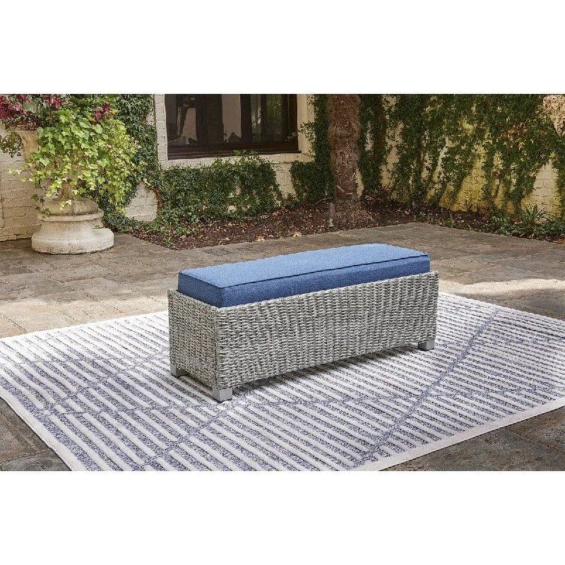 Signature Design by Ashley Naples Beach Gray/Blue Outdoor Bench with Cushion - 50"W x 18"D x 19"H