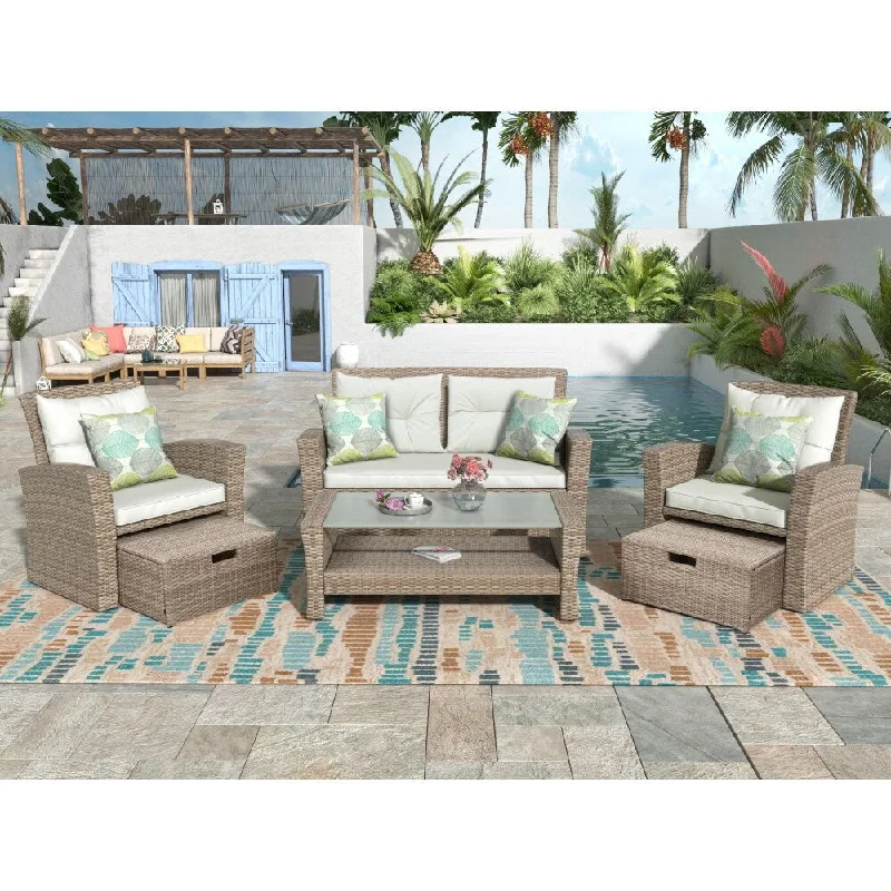 U-style 4-Piece Outdoor Patio Wicker Sectional Furniture Set with Ottoman and Cushions