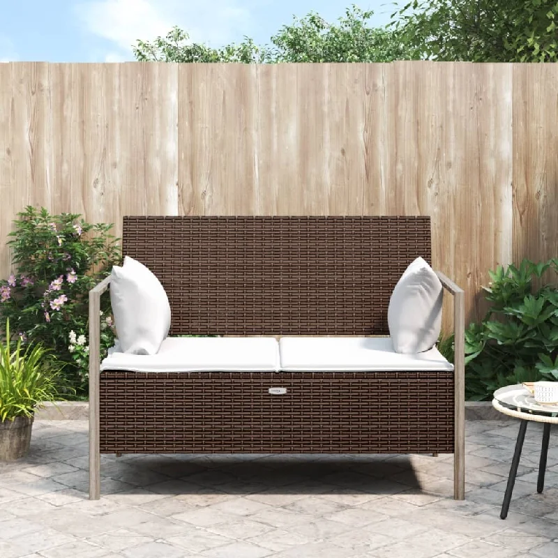 vidaXL 2-Seater Patio Bench with Cushions Brown Poly Rattan - 44.1" x 23.2" x 32.5"