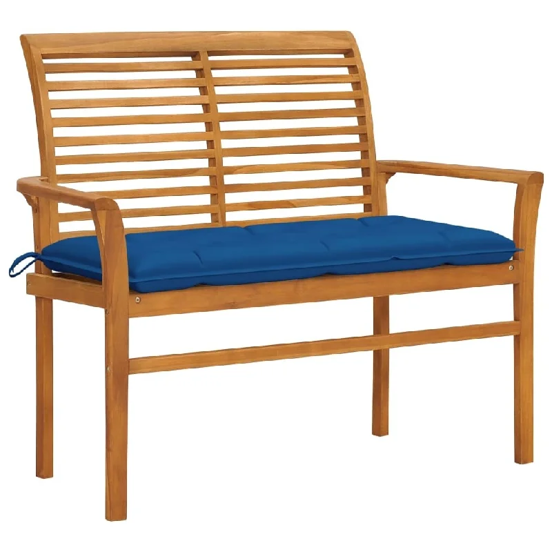 vidaXL Patio Bench with Blue Cushion 44.1" Solid Teak Wood - 44.1" x 21.7" x 37"