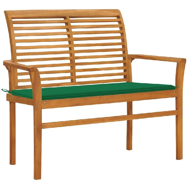 vidaXL Patio Bench with Green Cushion 44.1" Solid Teak Wood - 44.1" x 21.7" x 37"