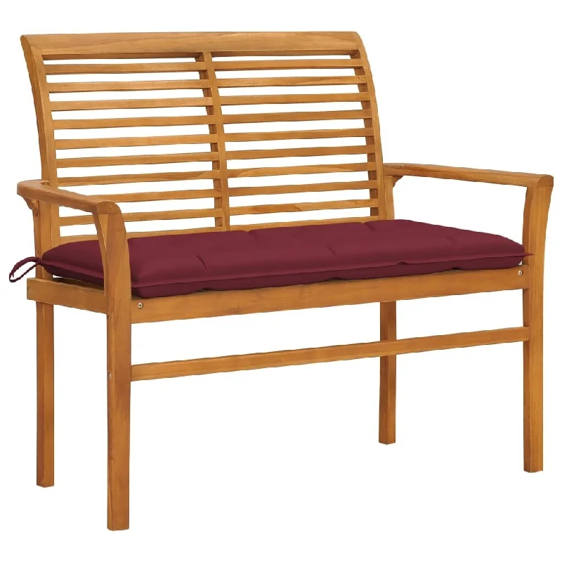 vidaXL Patio Bench with Wine Red Cushion 44.1" Solid Teak Wood - 44.1" x 21.7" x 37"