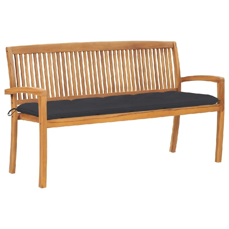 vidaXL Stacking Patio Bench with Cushion 62.6" Solid Teak Wood - 62.6" x 22.6" x 35.4"