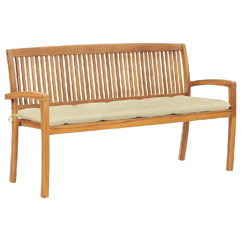 vidaXL Stacking Patio Bench with Cushion 62.6" Solid Teak Wood - 62.6" x 22.6" x 35.4"