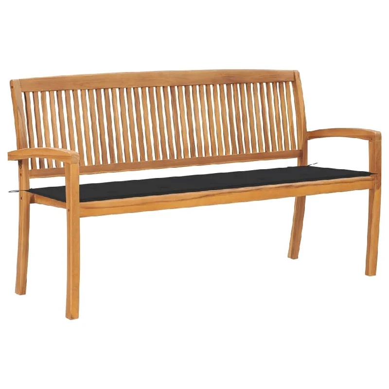 vidaXL Stacking Patio Bench with Cushion 62.6" Solid Teak Wood - 62.6" x 22.6" x 35.4"