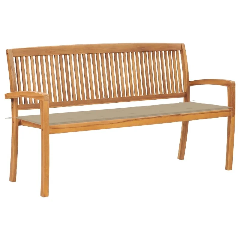 vidaXL Stacking Patio Bench with Cushion 62.6" Solid Teak Wood - 62.6" x 22.6" x 35.4"