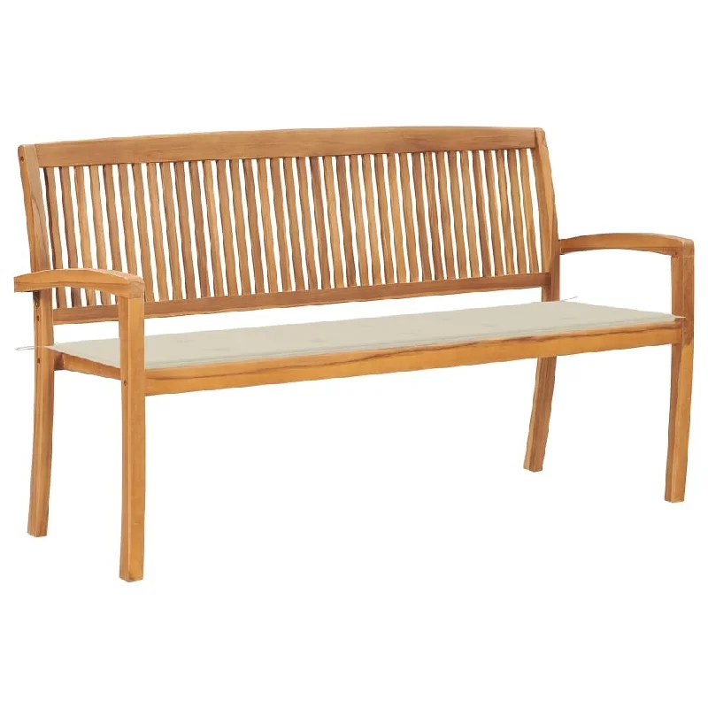 vidaXL Stacking Patio Bench with Cushion 62.6" Solid Teak Wood - 62.6" x 22.6" x 35.4"