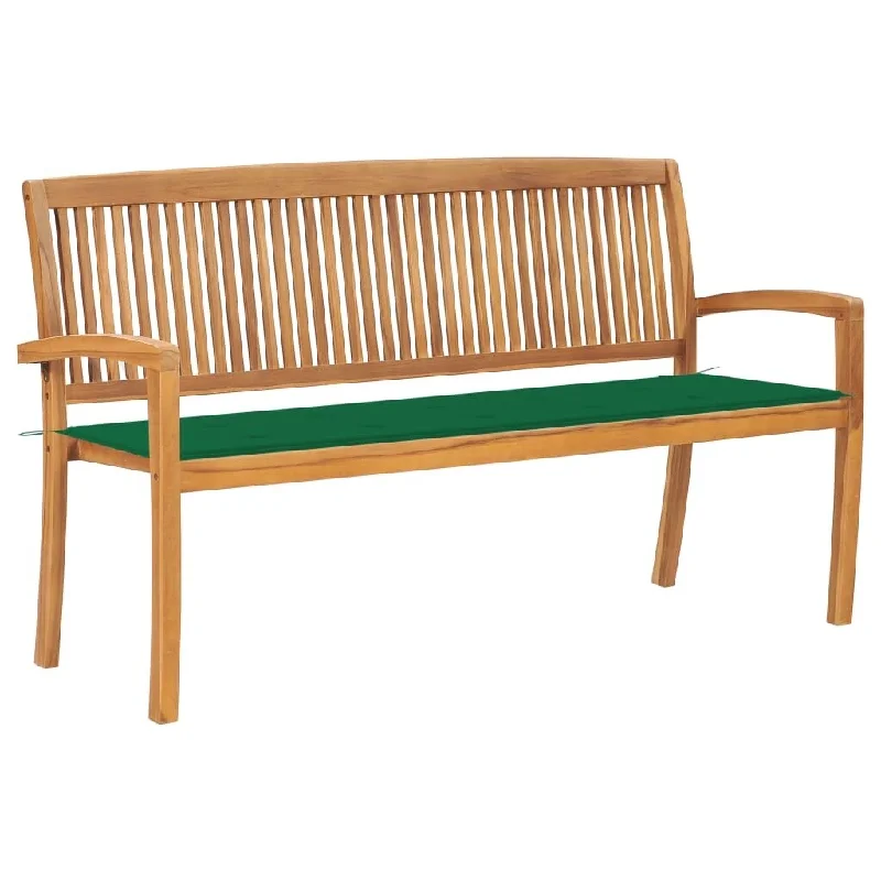 vidaXL Stacking Patio Bench with Cushion 62.6" Solid Teak Wood - 62.6" x 22.6" x 35.4"