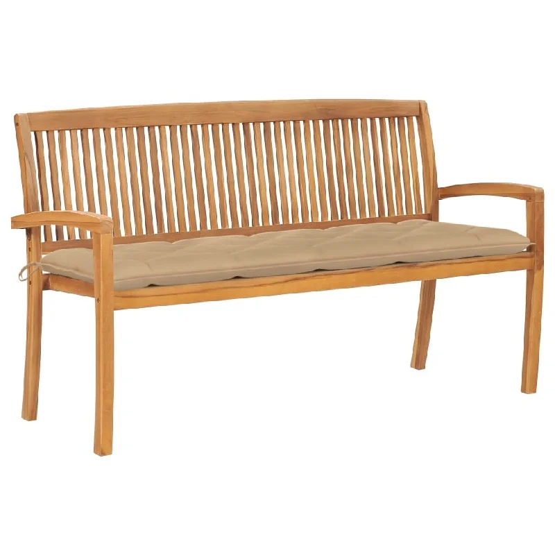 vidaXL Stacking Patio Bench with Cushion 62.6'' Solid Teak Wood - 62.6" x 22.6" x 35.4"