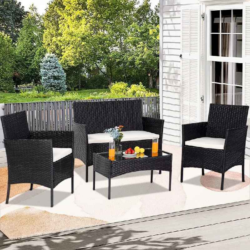 Wicker Patio Sets, 4 Piece Outdoor Conversation Set With Glass Dining Table, Loveseat & 2 Cushioned Chairs