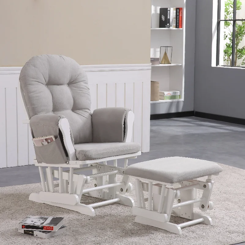 Willow Glider with Ottoman, White Finish with Light Gray Cushions